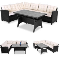 Set de lounge din poliratan negru/crem, blat de masă WPC
