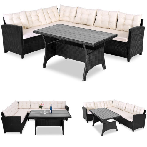 Set de lounge din poliratan negru/crem, blat de masă WPC