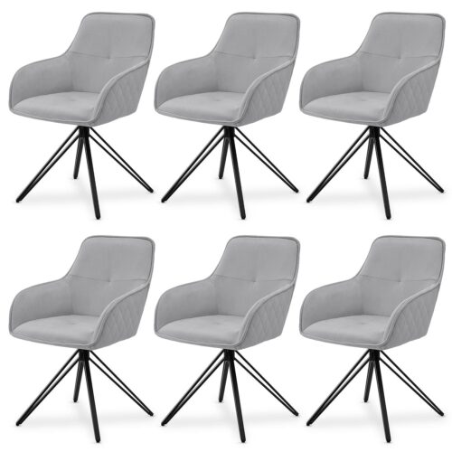 Scaun de sufragerie rotativ cu tapițerie din catifea, Clyde | Juskys | Gri deschis | Set de 6 | Scaun de sufragerie cu cotiere disponibil ca set de 1, 2, 4 sau 6