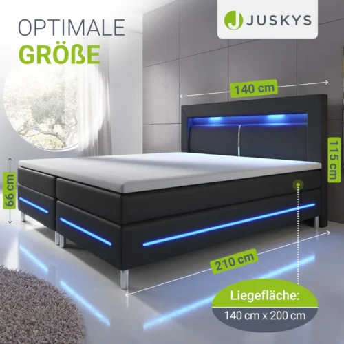 pat cu somieră norfolk piele ecologică | juskys | negru | 140 x 200 cm | cadru de pat cu saltea cu arcuri, topper și iluminare led Pat modern negru cu iluminare LED albastră