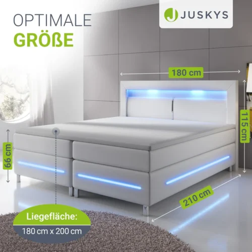 pat cu somieră norfolk piele ecologică | juskys | alb | 180 x 200 cm | cadru de pat cu saltea cu arcuri, topper și iluminare led Pat modern tapițat cu LED și dimensiuni