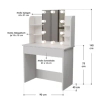 Masă de toaletă Zoey | Juskys | Iluminare LED | Masă de toaletă albă cu oglindă mare și mult spațiu de depozitare