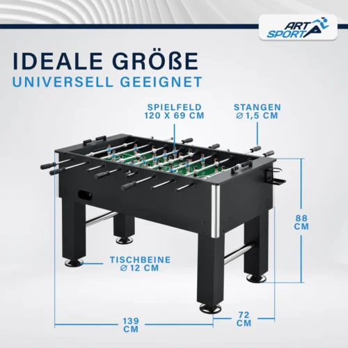 Masă de fotbal cu dimensiuni și specificații tehnice