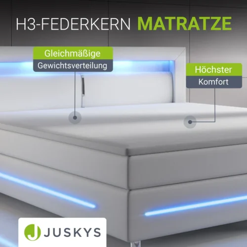 pat cu somieră norfolk piele ecologică | juskys | alb | 180 x 200 cm | cadru de pat cu saltea cu arcuri, topper și iluminare led Saltea H3 cu arcuri pe pat modern
