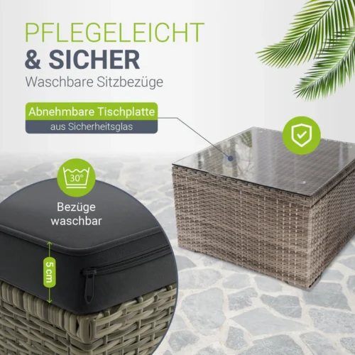 set canapea punta cana din poliratan | juskys | gri melanj, gri | m | set de scaune pentru exterior pentru până la 4 persoane, material rezistent Masă din ratan cu blat din sticlă