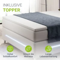 pat cu somieră norfolk piele ecologică | juskys | alb | 180 x 200 cm | cadru de pat cu saltea cu arcuri, topper și iluminare led Pat modern cu topper inclus și iluminare LED