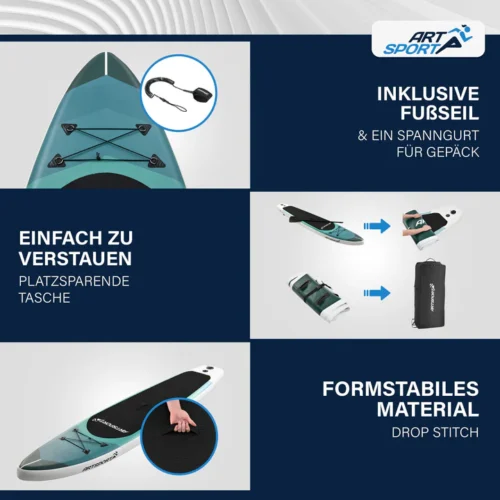 placă de stand up paddle set complet | juskys | blue wave | sup gonflabil cu vâsle, geantă, lesă și accesorii