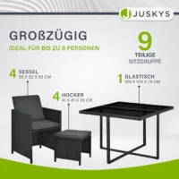 set terasa masa si fotolii din poliratan baracoa | juskys | l | set de mobilier de grădină pentru până la 8 persoane, inclusiv perne Set mobilier grădină 9 piese cu masă sticlă