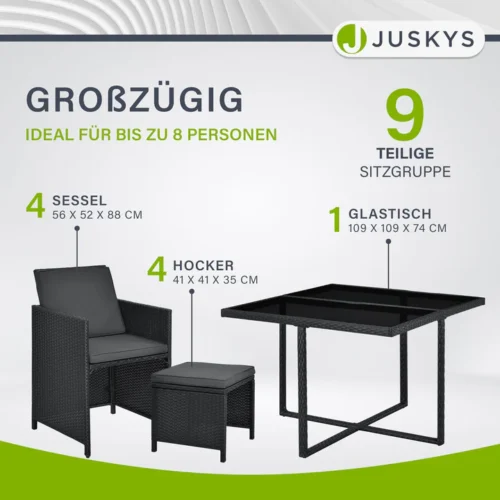 set terasa masa si fotolii din poliratan baracoa | juskys | l | set de mobilier de grădină pentru până la 8 persoane, inclusiv perne Set mobilier grădină 9 piese cu masă sticlă