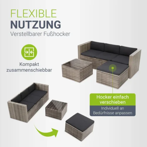 set canapea punta cana din poliratan | juskys | gri melanj, gri | m | set de scaune pentru exterior pentru până la 4 persoane, material rezistent Set mobilier ratan modular cu taburet reglabil