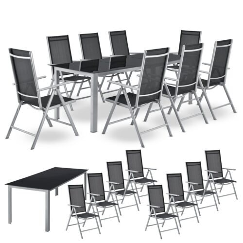 Set de mobilier de grădină Milano | Juskys | Gri argintiu | 9 piese | Set de grădină cu 9 piese și blat din sticlă securizată