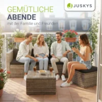 set canapea punta cana din poliratan | juskys | gri melanj, gri | m | set de scaune pentru exterior pentru până la 4 persoane, material rezistent Patru prieteni relaxându-se pe terasă cu băuturi