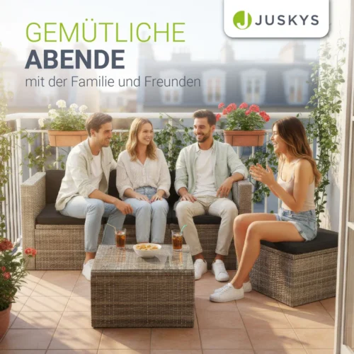 set canapea punta cana din poliratan | juskys | gri melanj, gri | m | set de scaune pentru exterior pentru până la 4 persoane, material rezistent Patru prieteni relaxându-se pe terasă cu băuturi