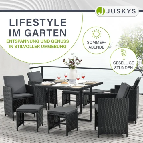 set terasa masa si fotolii din poliratan baracoa | juskys | l | set de mobilier de grădină pentru până la 8 persoane, inclusiv perne Set mobilier grădină din ratan cu masă și scaune