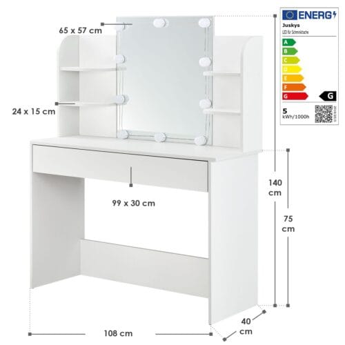 bild_181hFTtHcpVeqrd.jpg Masă de toaletă Bella cu iluminare LED | Juskys | Masă de toaletă cu oglindă și mult spațiu de depozitare