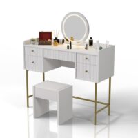 Masă de toaletă Samira cu oglindă | Juskys | cu scaun Melly | Masă de toaletă luxoasă cu iluminare LED tactilă și cinci sertare