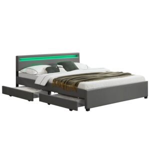 Pat tapițat Lyon | Juskys | Gri închis | 180 x 200 cm | Cadru de pat cu sertare de depozitare, iluminare LED și somieră cu lamele