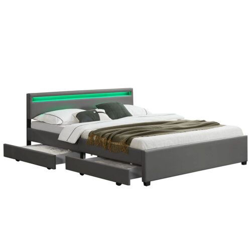Pat tapițat Lyon | Juskys | Gri închis | 180 x 200 cm | Cadru de pat cu sertare de depozitare, iluminare LED și somieră cu lamele