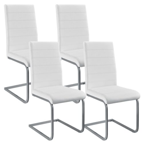 Scaun cantilever Vegas cu piele ecologică | Juskys | Alb | Set de 4 | Scaun de sufragerie modern cu cadru metalic și tapițerie din piele ecologică