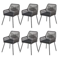 Scaune de grădină din frânghie Kastos | Juskys | Gri | Set de 6 | Scaune elegante cu răchită și perne