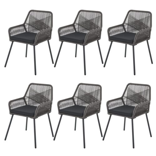 Scaune de grădină din frânghie Kastos | Juskys | Gri | Set de 6 | Scaune elegante cu răchită și perne