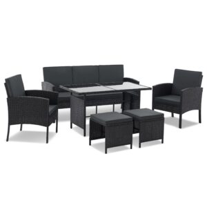 Set de scaune din ratan Turin | Juskys | Negru | Set de mobilier de grădină din poliratan pentru 7 persoane, inclusiv perne