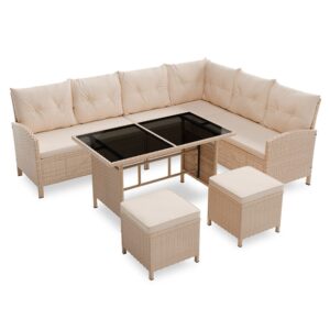 Mobilier de terasa Sofa Manacor din ratan | Juskys | Crem, Nisip | Set de mobilier de grădină din poliratan pentru 8 persoane, inclusiv perne