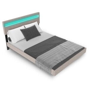 Pat plutitor Lisbon | Juskys | Bej | Pat plutitor elegant, tapițat, cu iluminare LED