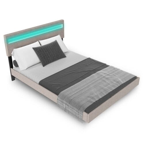 Pat plutitor Lisbon | Juskys | Bej | Pat plutitor elegant, tapițat, cu iluminare LED