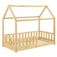 Pat pentru copii Marli 80 x 160 cm | Juskys | Natural | 80 x 160 cm | Pat tip casă cu protecție împotriva căderii, somieră cu șipci și acoperiș
