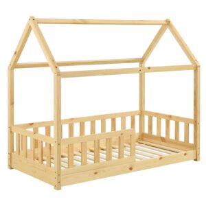 Pat pentru copii Marli 80 x 160 cm | Juskys | Natural | 80 x 160 cm | Pat tip casă cu protecție împotriva căderii, somieră cu șipci și acoperiș