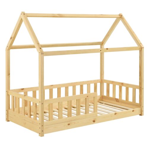 Pat pentru copii Marli 80 x 160 cm | Juskys | Natural | 80 x 160 cm | Pat tip casă cu protecție împotriva căderii, somieră cu șipci și acoperiș