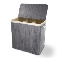 Coș de rufe din bambus creț | Juskys | Gri | 150 L | Cu capac, mâner de transport și sac de rufe din material textil