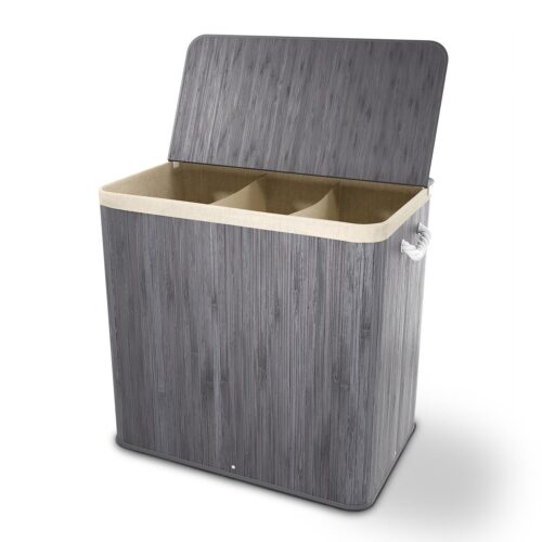Coș de rufe din bambus creț | Juskys | Gri | 150 L | Cu capac, mâner de transport și sac de rufe din material textil