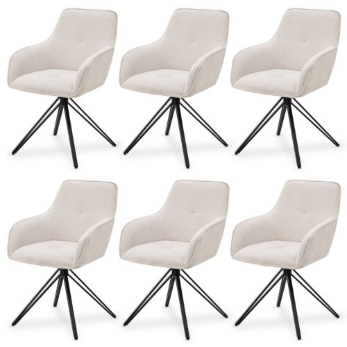 Scaun rotativ Clyde cu tapițerie din catifea reiată | Juskys | Bej | Set de 6 | Scaun elegant pentru living și sufragerie