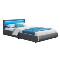 Pat tapițat Sevilla | Juskys | Gri închis | 140 x 200 cm | Cadru de pat cu iluminare LED și somieră cu lamele