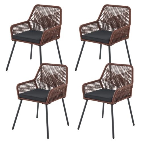 Scaune de grădină din frânghie Kastos | Juskys | Maro închis | Set de 4 | Scaune elegante cu răchită și perne