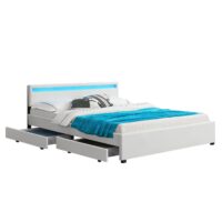 Pat tapițat Lyon | Juskys | Alb | 180 x 200 cm | Cadru de pat cu sertare de depozitare, iluminare LED și somieră cu lamele