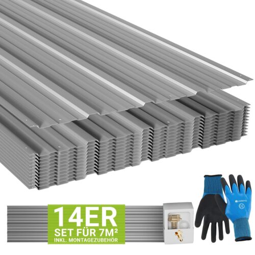 Table trapezoidale din oțel pentru acoperiș | Juskys | Gri | Set de 14 | Set de table profilate, inclusiv mănuși și accesorii de montare