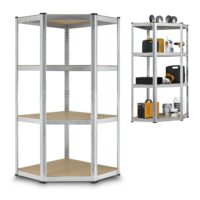 Raft de colț Corner Easy 160 x 75 x 40-75 cm | Juskys | Argintiu | Raft de depozitare din metal galvanizat cu 4 rafturi | Raft rezistent