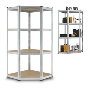 Raft de colț Corner Easy 160 x 75 x 40-75 cm | Juskys | Argintiu | Raft de depozitare din metal galvanizat cu 4 rafturi | Raft rezistent