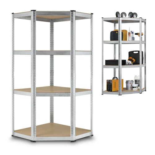 Raft de colț Corner Easy 160 x 75 x 40-75 cm | Juskys | Argintiu | Raft de depozitare din metal galvanizat cu 4 rafturi | Raft rezistent