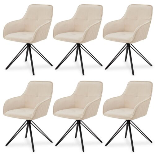 Scaun de dining rotativ cu tapițerie din catifea Clyde | Juskys | Bej | Set de 6 | Scaun de dining cu cotiere disponibil ca set de 1, 2, 4 sau 6