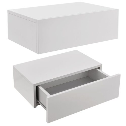 Set de 2 noptiere montate pe perete | Juskys | Alb | Noptieră din lemn cu sertar și raft