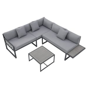 Set de șezlonguri de grădină St. Tropez | Juskys | Gri închis | Șezlong de grădină pentru 4 persoane cu masă și 2 bănci