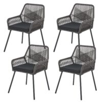 Scaune de grădină din frânghie Kastos | Juskys | Gri | Set de 4 | Scaune elegante cu răchită și perne