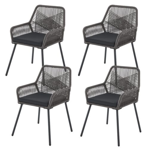 Scaune de grădină din frânghie Kastos | Juskys | Gri | Set de 4 | Scaune elegante cu răchită și perne