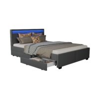 Pat tapițat Lyon | Juskys | Gri închis | 140 x 200 cm | Cadru de pat cu sertare de depozitare, iluminare LED și somieră cu lamele