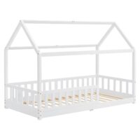 Pat pentru copii Marli 90 x 200 cm | Juskys | Mentă | 90 x 200 cm | Pat tip casă cu protecție împotriva căderii, somieră cu șipci și acoperiș