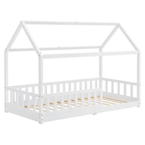 Pat pentru copii Marli 90 x 200 cm | Juskys | Mentă | 90 x 200 cm | Pat tip casă cu protecție împotriva căderii, somieră cu șipci și acoperiș